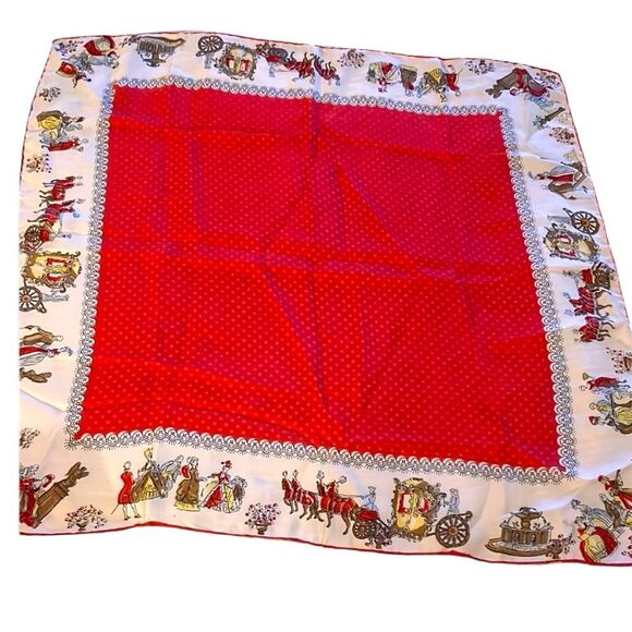 Vintage silk Red and Cream Scarf with Victorian Print - Picture 1 of 11